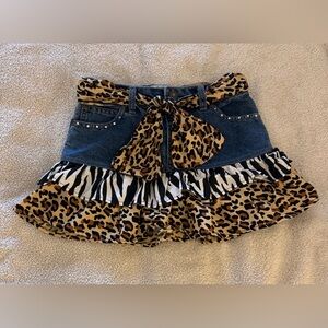 Route 66 Girls Denim/Animal Print Mini-Skirt Cotton Blend Fabric Belt Pocket 6X